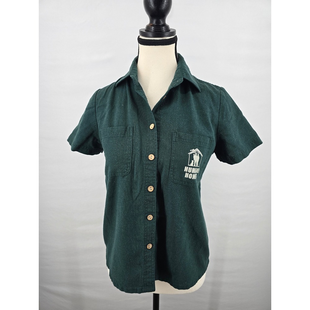 Hannah Canvas Womens Green Short Sleeve Button Down Humane Homes Graphic Shirt S
